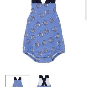 The Beaufort Bonnet Company Blue Fish Print Romper with Navy Straps
